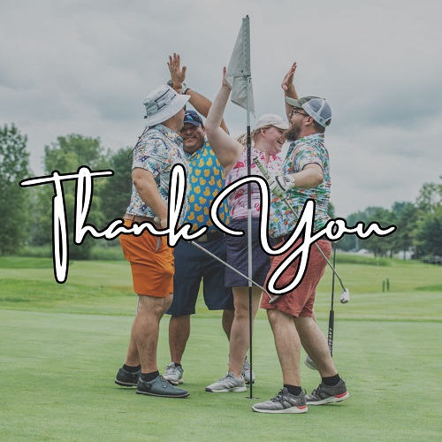 Thank you with photo of four golfers celebrating at a hole